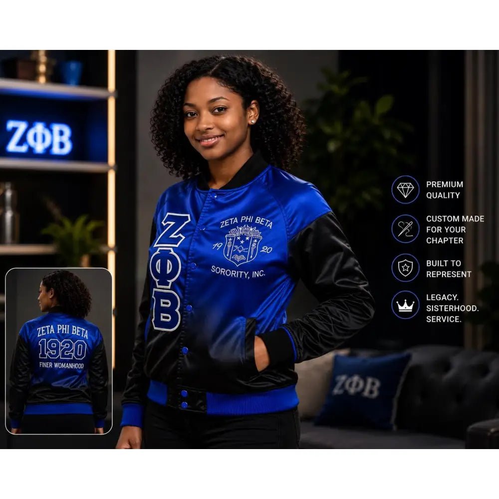 Zeta Phi Beta Faded Satin Bomber Jacket Blue Black Ombré Custom Sorority Jacket Personalized Greek Letter