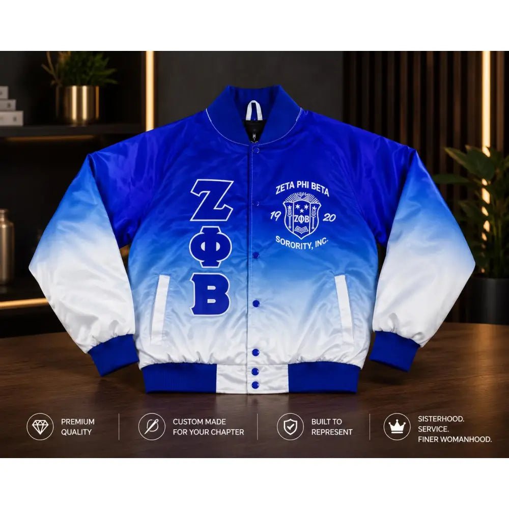 Zeta Phi Beta Faded Satin Bomber Jacket Blue White Ombré Custom Sorority Jacket Personalized Greek Letter