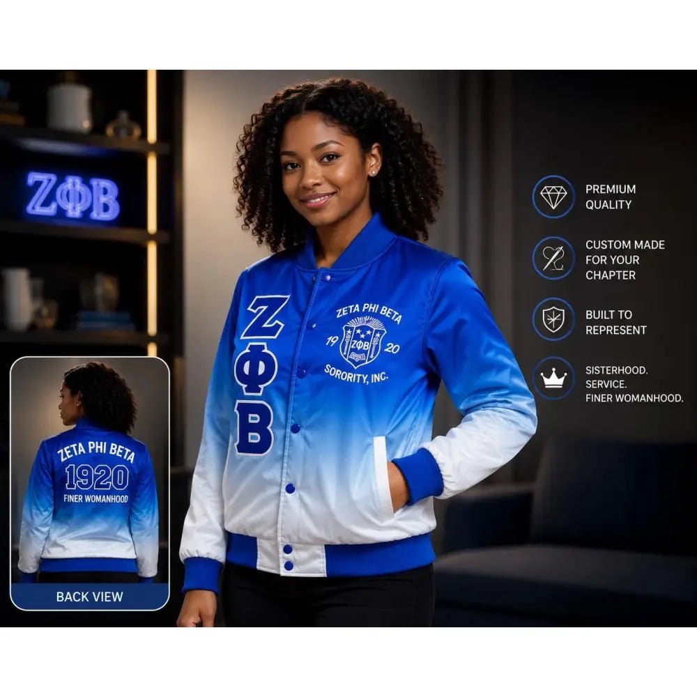 Zeta Phi Beta Faded Satin Bomber Jacket Blue White Ombré Custom Sorority Jacket Personalized Greek Letter