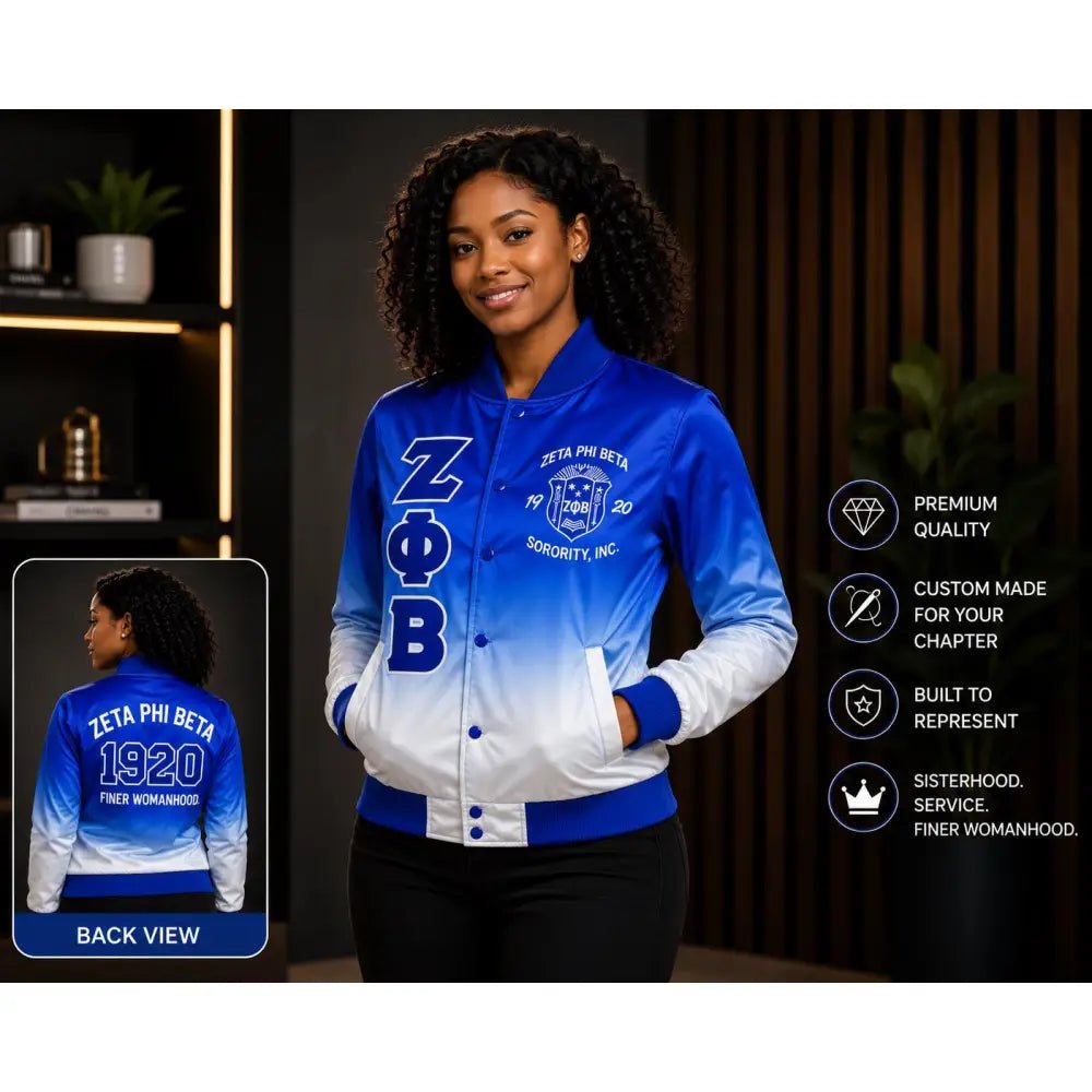 Zeta Phi Beta Faded Satin Bomber Jacket Blue White Ombré Custom Sorority Jacket Personalized Greek Letter