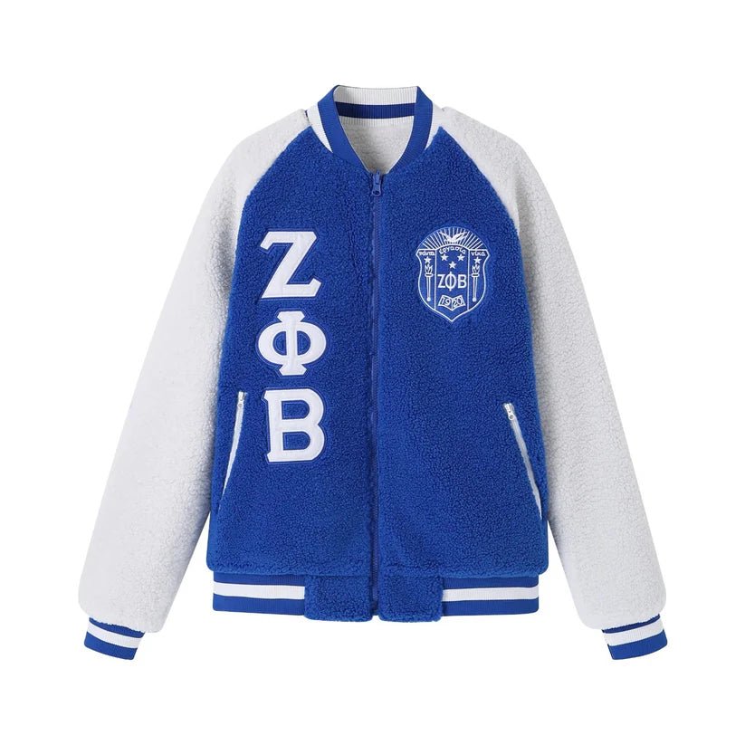 Zeta Phi Beta Reversible Sherpa Bomber Jacket - Blue & White Sorority