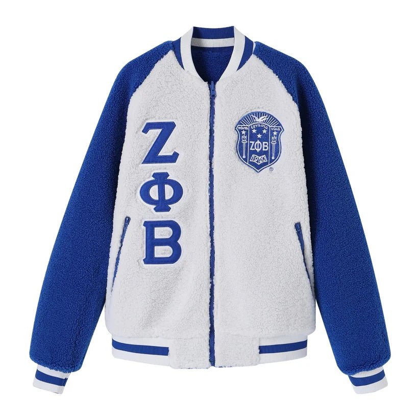 Zeta Phi Beta Reversible Sherpa Bomber Jacket - Blue & White Sorority