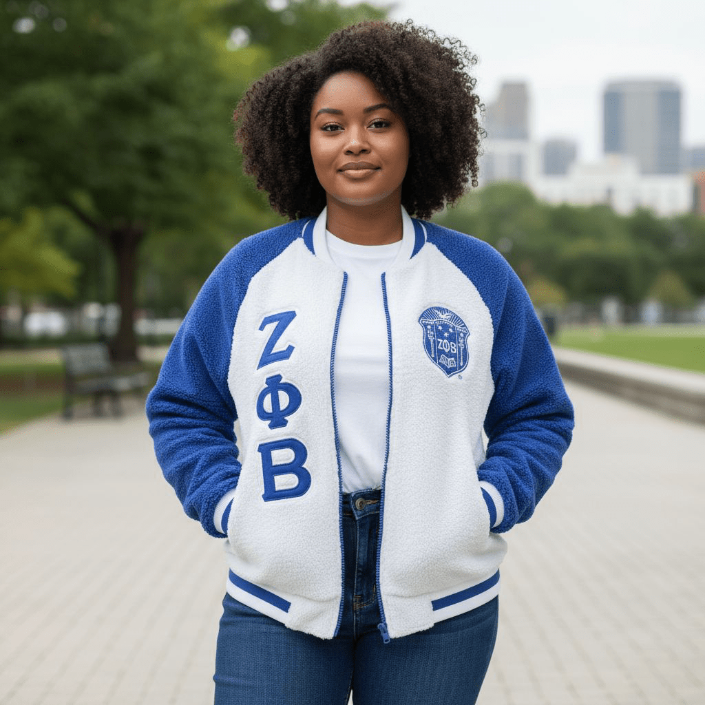 Zeta Phi Beta Reversible Sherpa Bomber Jacket - Blue & White Sorority