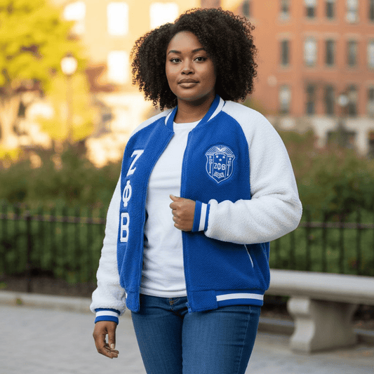 Zeta Phi Beta Reversible Sherpa Bomber Jacket - Blue & White Sorority