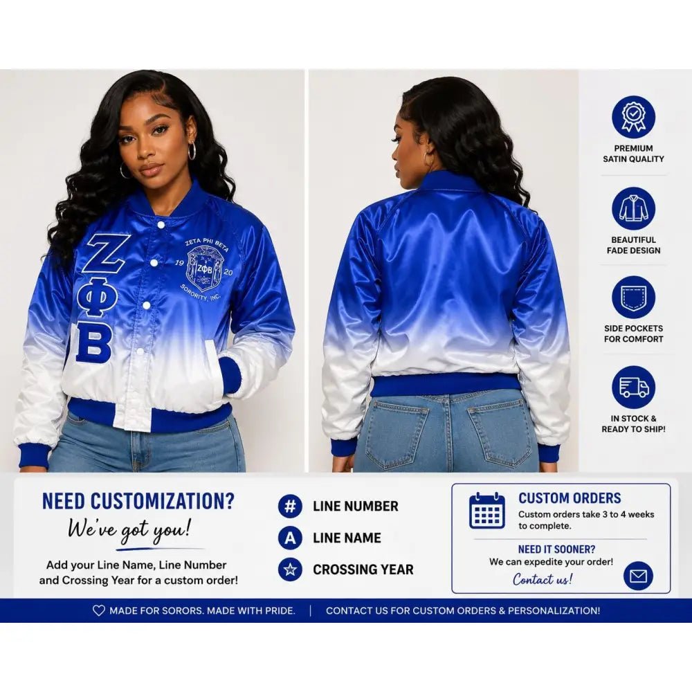Zeta Phi Beta Satin Fade Varsity Jacket Ombre Sorority Bomber Jacket Large size Ready To Ship Custom Orders & Personalization Available