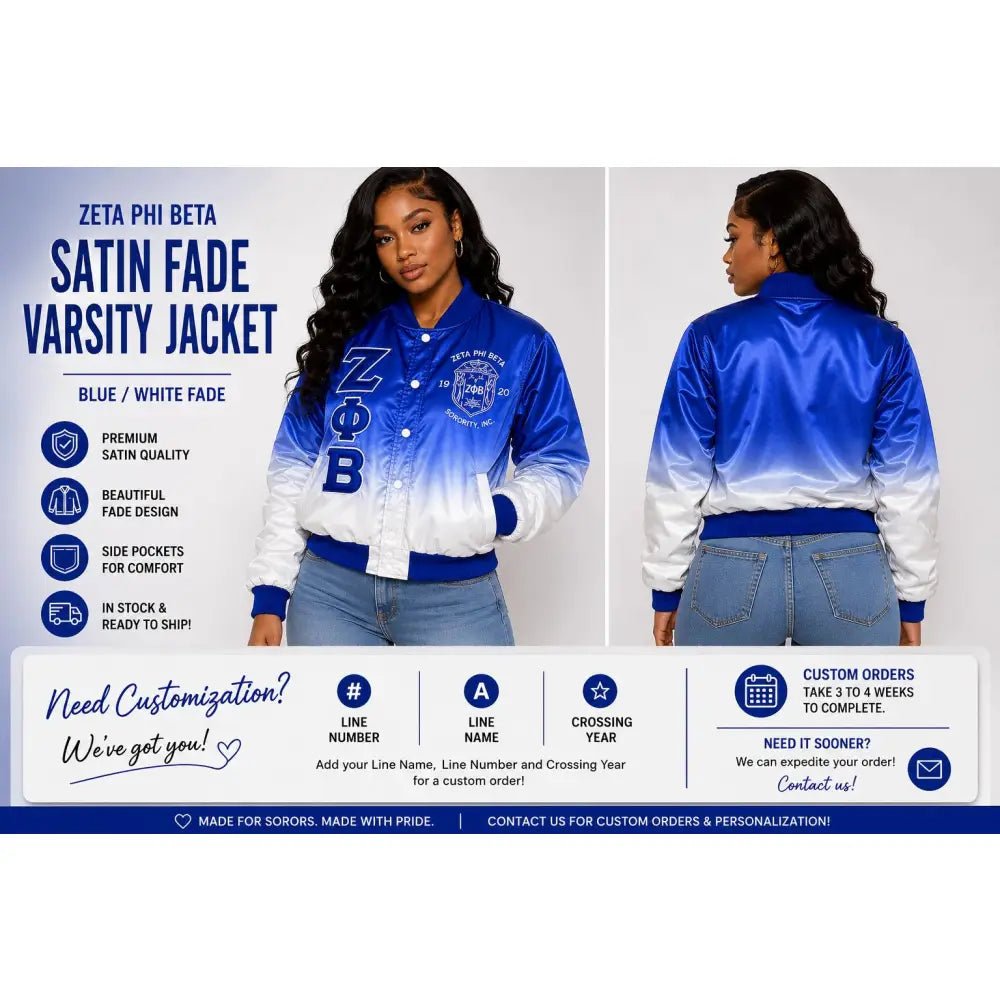 Zeta Phi Beta Satin Fade Varsity Jacket Ombre Sorority Bomber Jacket Large size Ready To Ship Custom Orders & Personalization Available