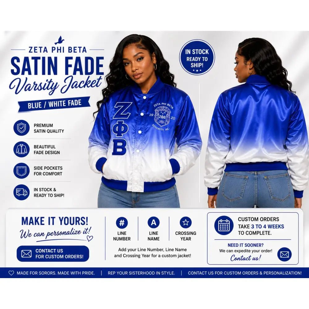 Zeta Phi Beta Satin Fade Varsity Jacket Ombre Sorority Bomber Jacket Large size Ready To Ship Custom Orders & Personalization Available