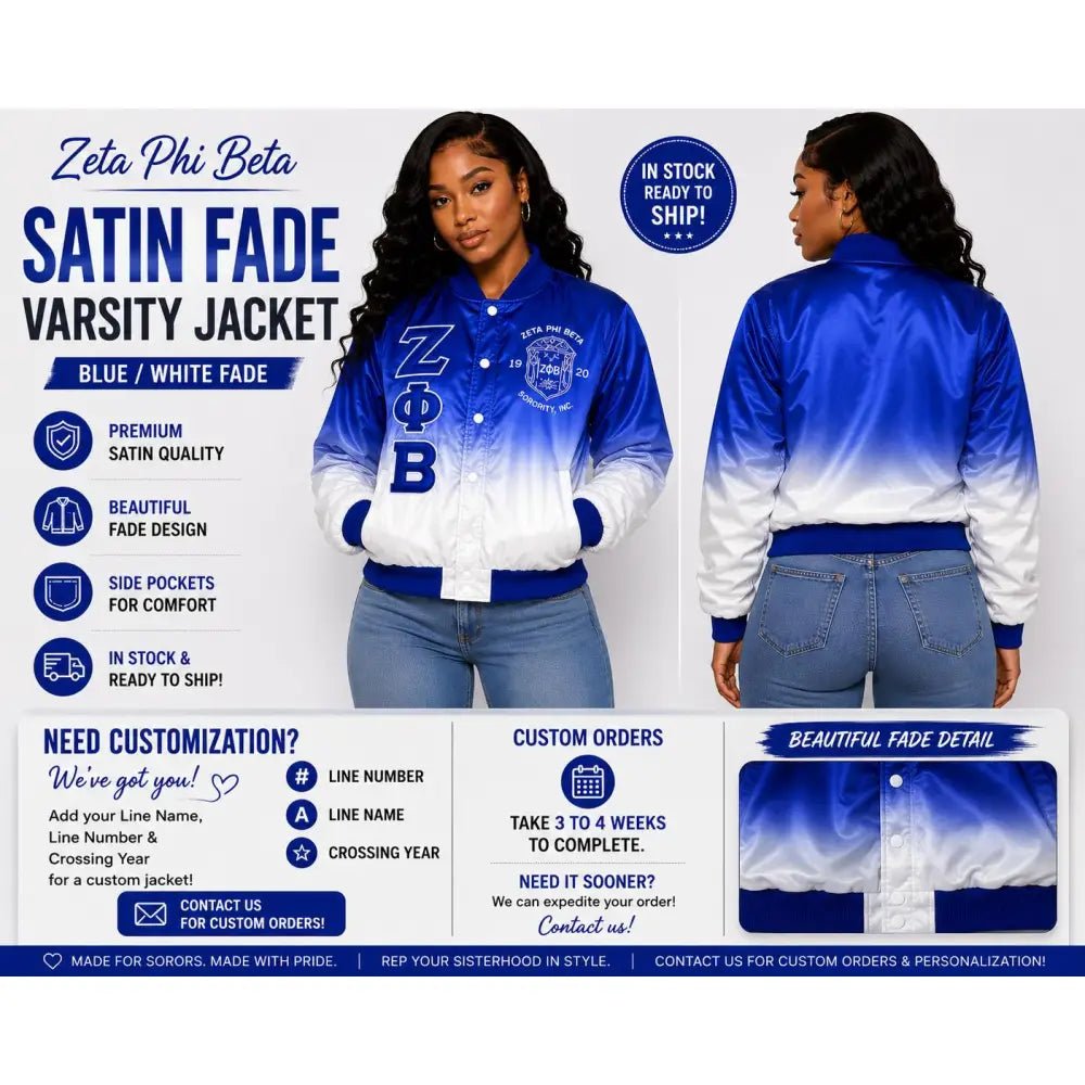 Zeta Phi Beta Satin Fade Varsity Jacket Ombre Sorority Bomber Jacket Large size Ready To Ship Custom Orders & Personalization Available