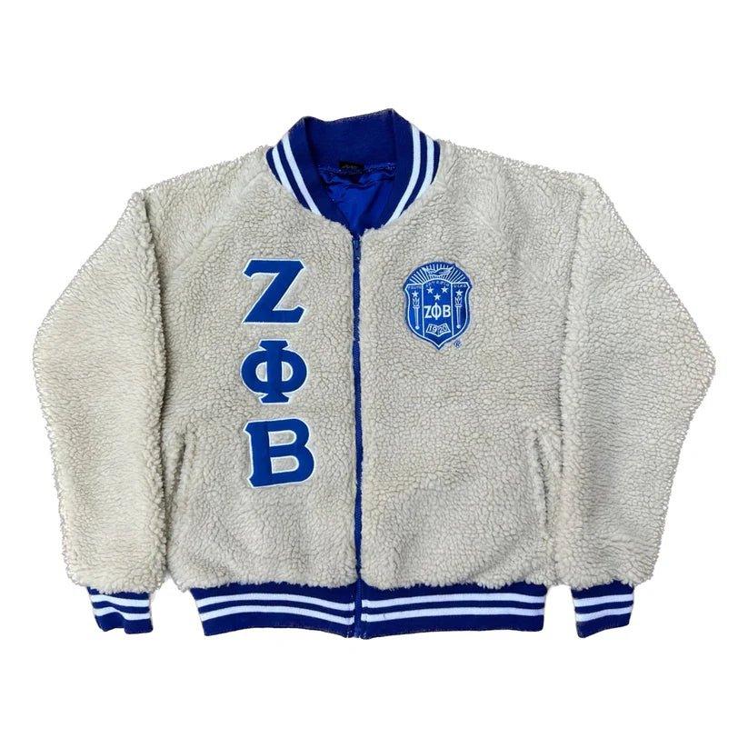 Zeta Phi Beta Sherpa Bomber Jacket - Unisex Knit Ribbing Embroidered Logos Sorority