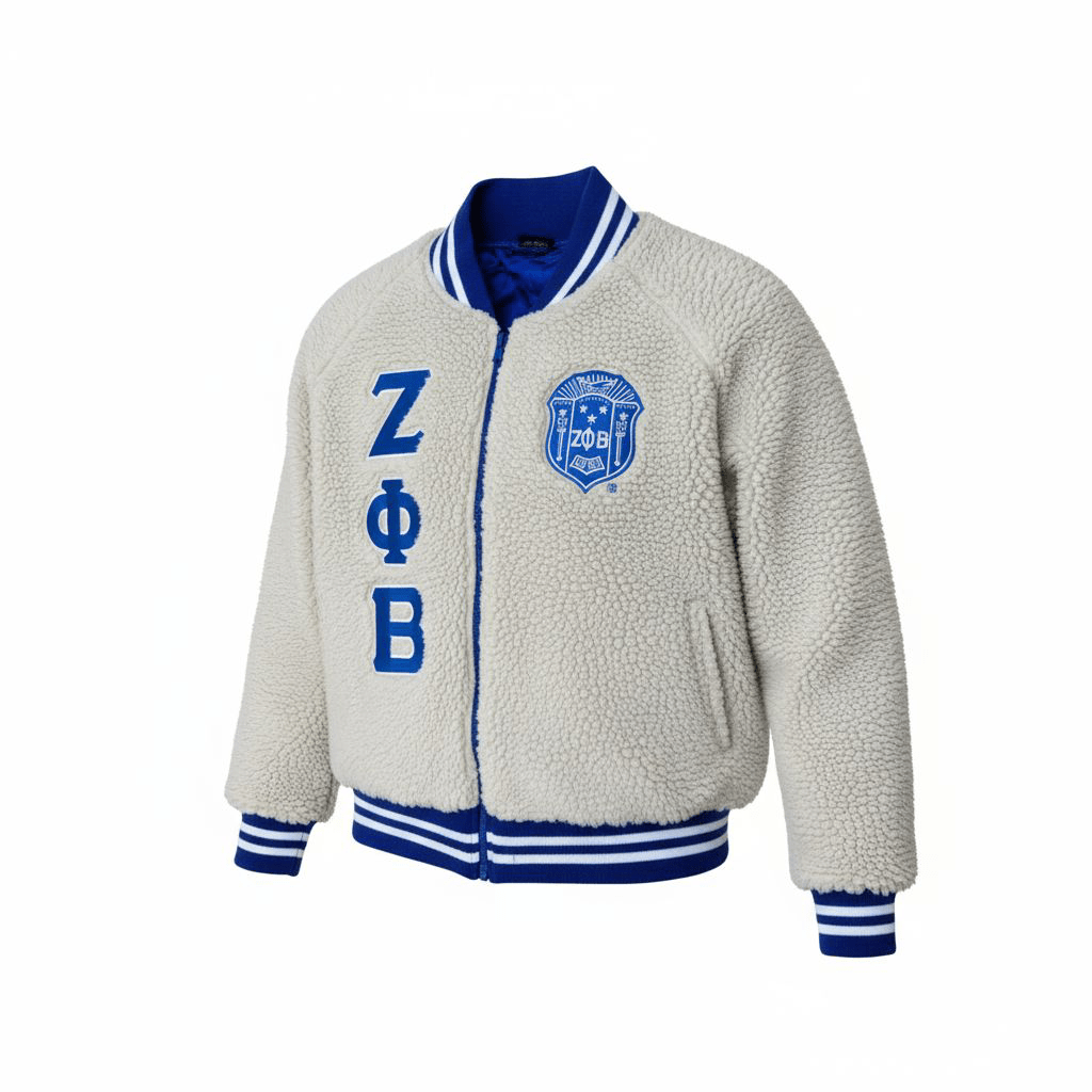 Zeta Phi Beta Sherpa Bomber Jacket - Unisex Knit Ribbing Embroidered Logos Sorority