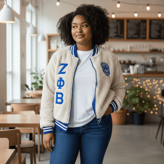 Zeta Phi Beta Sherpa Bomber Jacket - Unisex Knit Ribbing Embroidered Logos Sorority