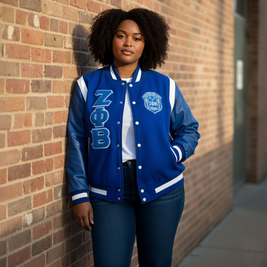 Zeta Phi Beta Varsity Letterman Jacket - Royal Blue Wool and Leather White Sorority