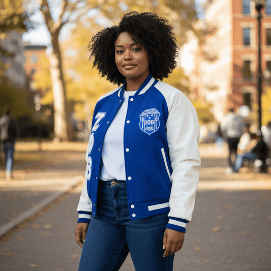 Zeta Phi Beta Varsity Letterman Jacket - Royal Blue Wool and Leather White Sorority