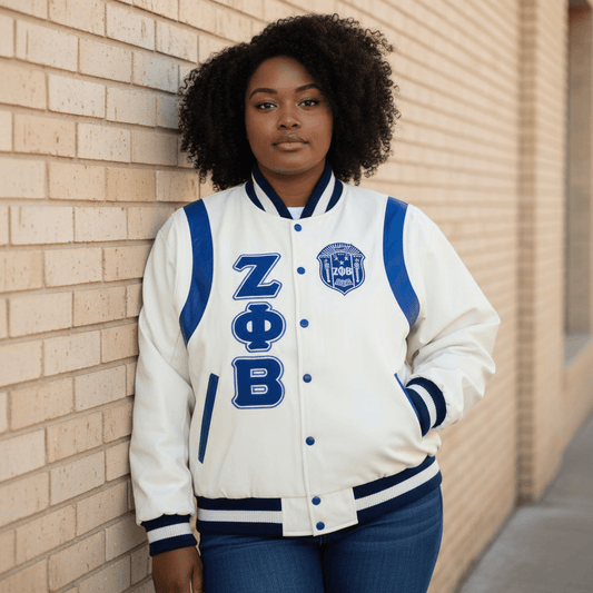 Zeta Phi Beta Varsity Letterman Jacket - White Wool and Leather White & Royal Sorority