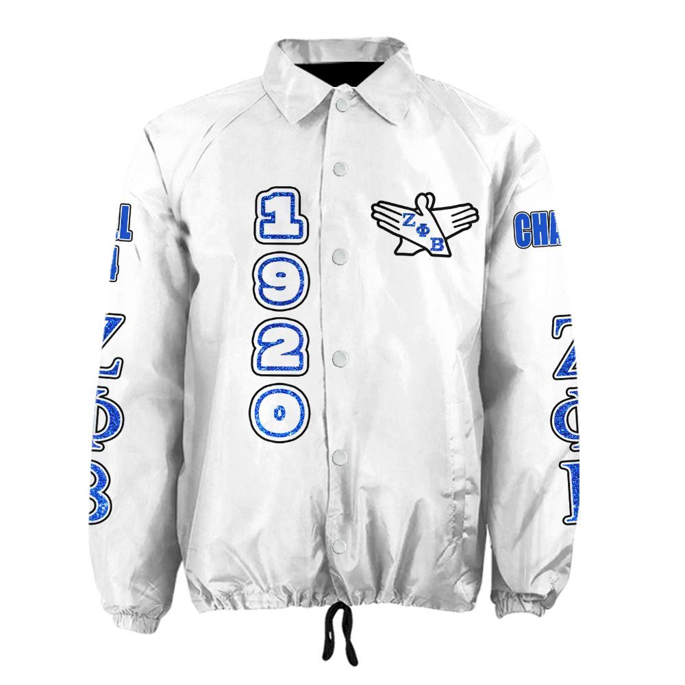 Zeta Phi Beta White Coach Jacket – Custom Embroidered Greek Letter Jacket