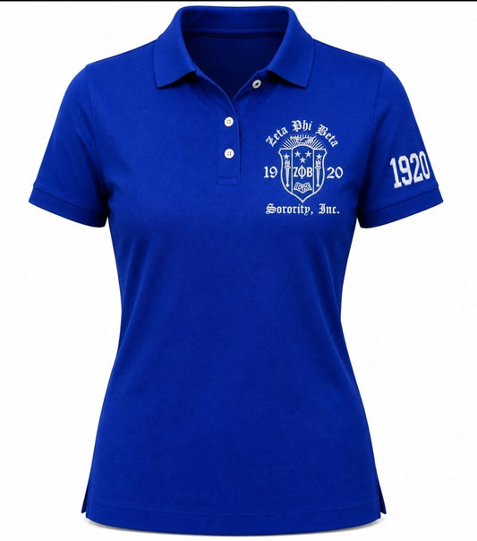 Zeta Phi Beta Women's Royal Blue Polo Shirt | Embroidered Crest, 1920 & Sorority Logo