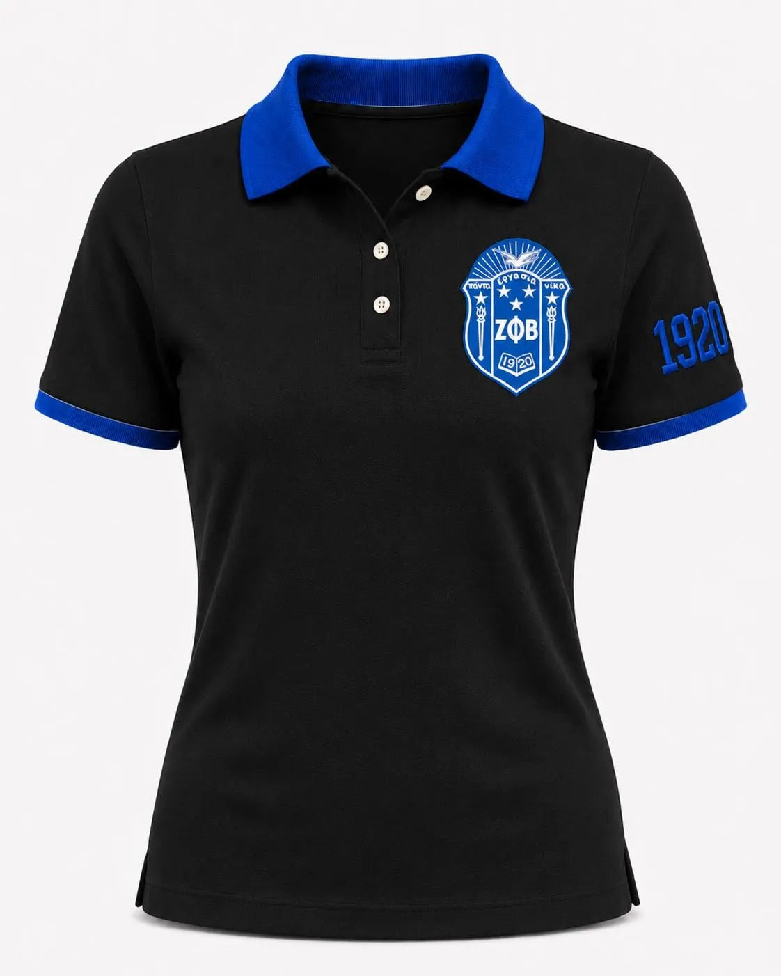 A women's black short-sleeve polo shirt with a bright blue collar and sleeve trim, featuring a blue and white ZOB fraternity crest on the left chest and '1920' printed on the right sleeve.