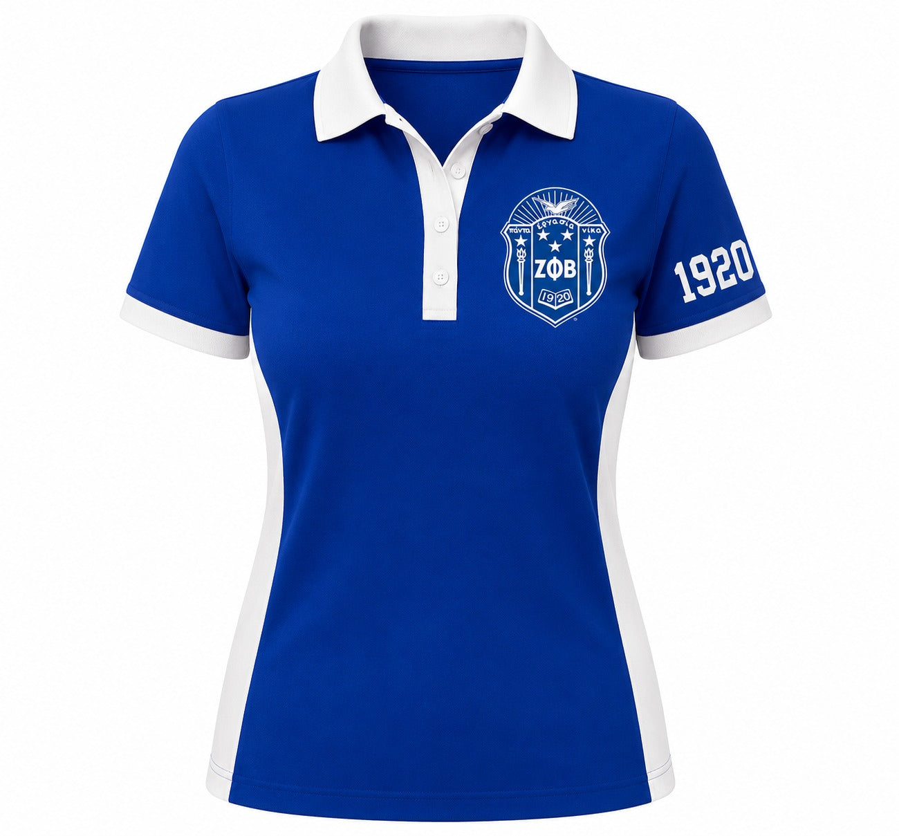A women's short-sleeve polo shirt in royal blue with white accents, featuring a white collar, white sleeve trim, a white crest on the left chest with 'ZOB' and '1920' on the right sleeve, shown on a plain white background.
