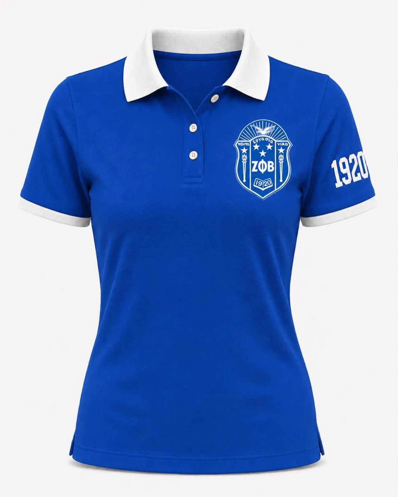 A women's royal blue short-sleeve polo shirt with a white collar and white sleeve trim. The left chest features a white Greek letter shield crest for Sigma Delta, and the right sleeve displays the white numbers '1320'.