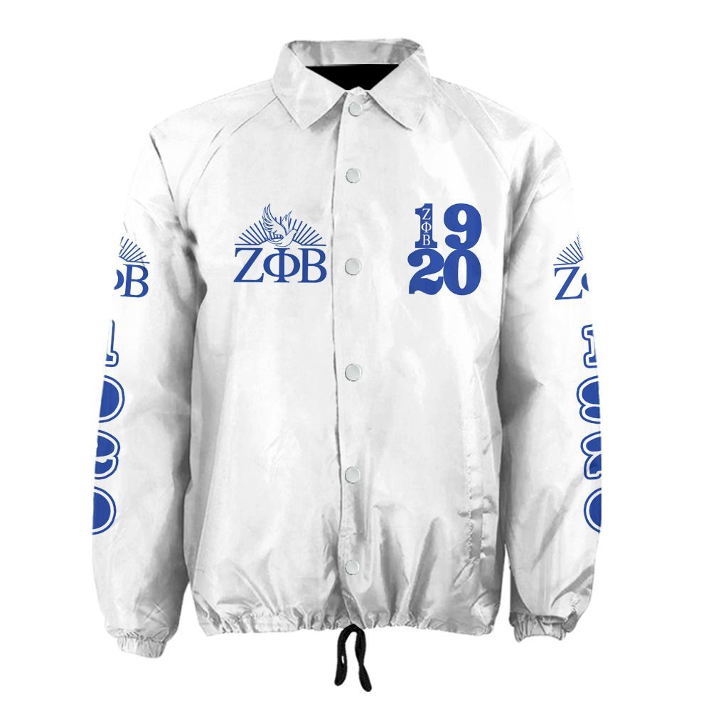 White jacket with blue Zeta Phi Beta symbols on a white background