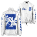 White jacket with blue logos and text on a white background