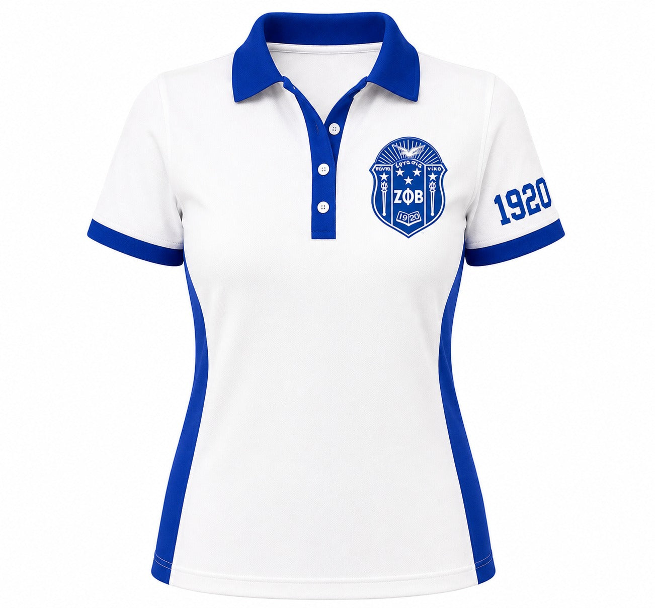 White short-sleeve polo shirt with royal blue collar, placket, sleeve trim, and side panels. Features a blue ZOB crest on the left chest and '1920' printed in blue on the right sleeve, shown on a plain white background.